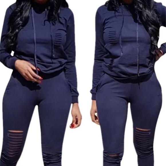 Distressed Hooded Collar Long Sleeve Casual Set - Picture 1 of 1